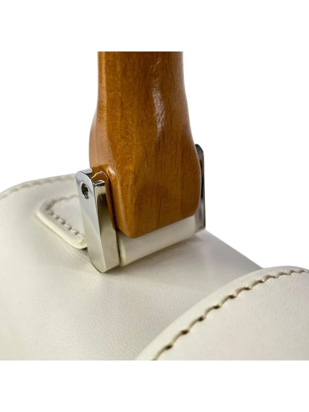 Goyard Handbag Saigon PM White Gray Brown Wood Handle Leather